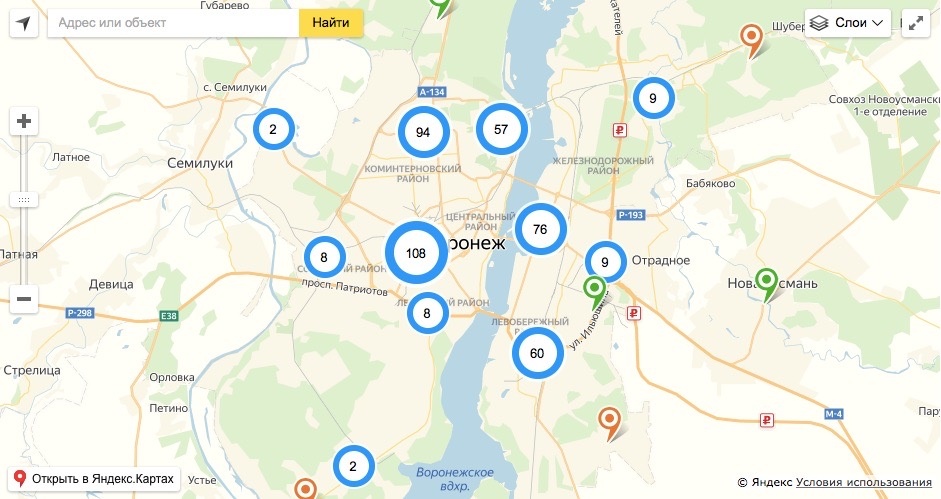 Карта расположения контейнеров в Воронеже